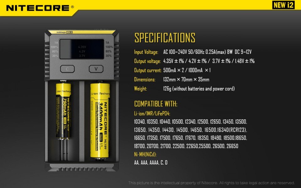 NITECORE NEWI2 Digicharger LCD Intelligent Circuitry li-ion for 16340 14500 18650 18750 26650 battery charger 3.7V carregador