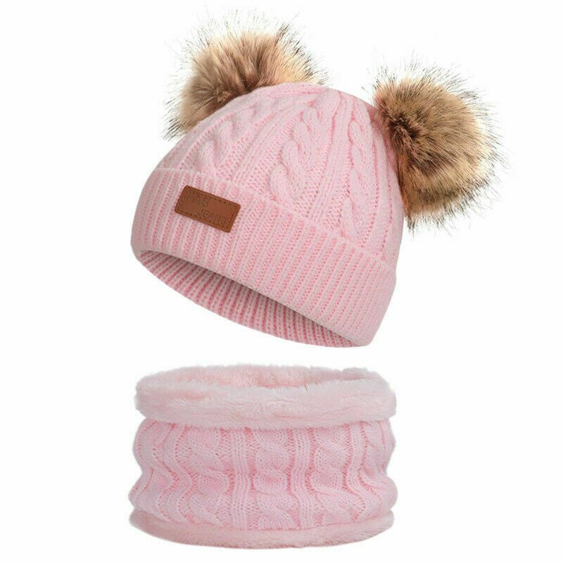 Søde 2 stk børn vinter udendørs tykt strik med dobbelt pels pom pom søde beanie hat sæt: Lyserød