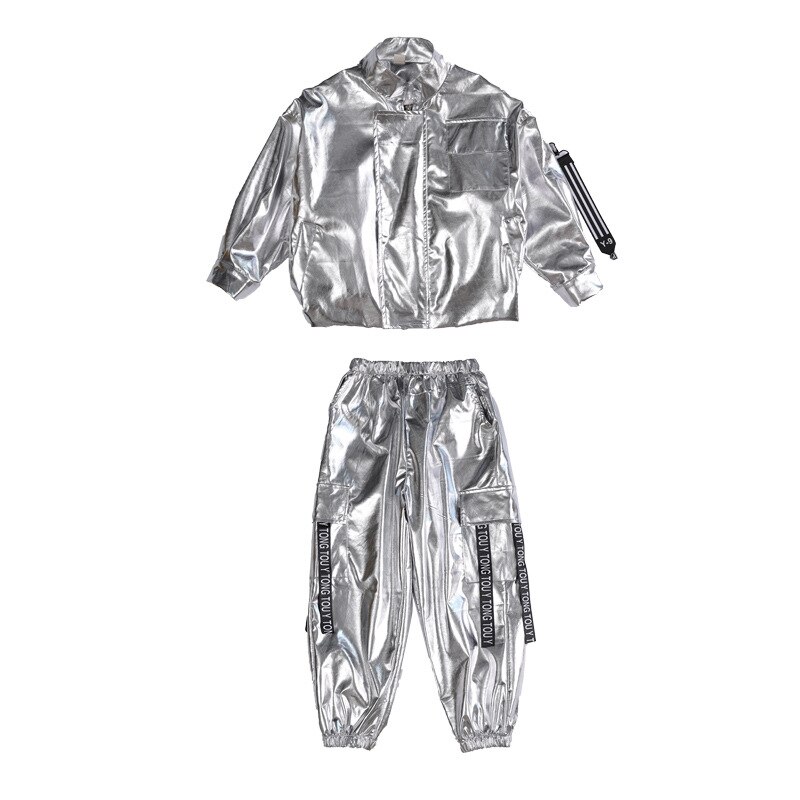 Girls Metallic Jazz Dance Costume Set - Hip Hop Street Performance Jacket And Pants Outfit