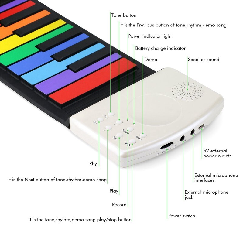 Teclado de Piano Flexible para niños con 49 teclas estándar, teclado Flexible enrolladas, batería de litio integrada para Piano, completamente portátil