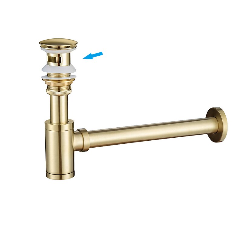 Brushed Gold Brass Pop-Up Basin Waste Drain, Basin Mixer P-Trap Waste Pipe Into The Wall Drainage Brass Vessel Or Ceramic Sink