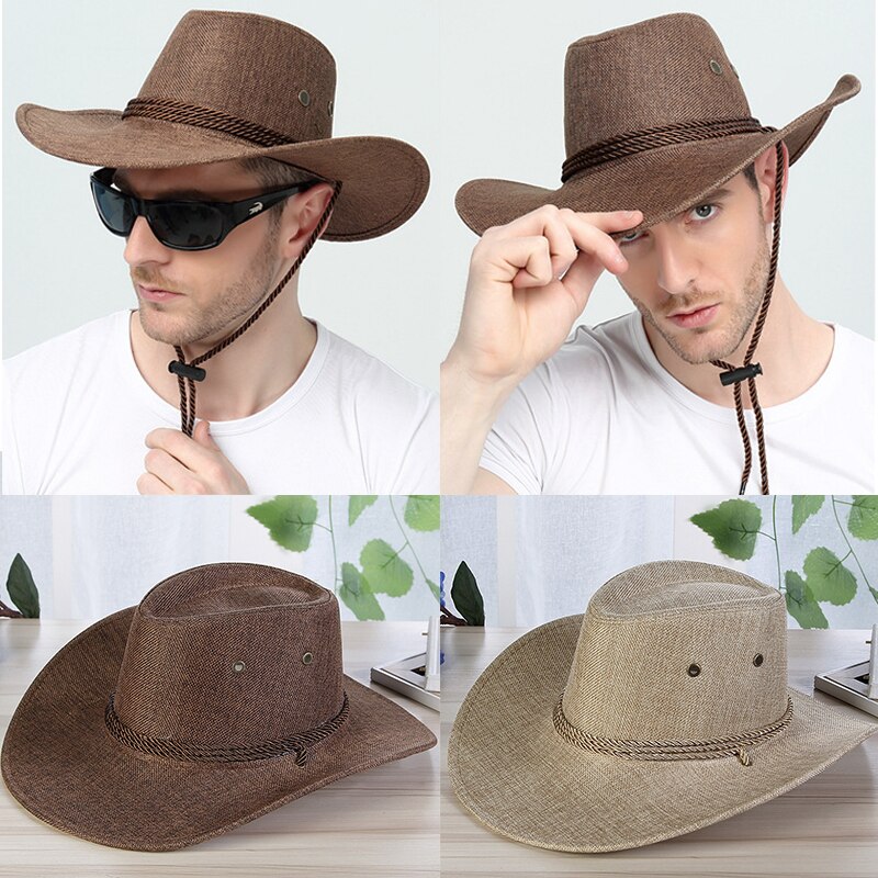 2022 Men's Western Cowboy Hat Linen Straw Hat Outdoor Travel Sun Jazz Hat Big Brim Chic Knight Caps