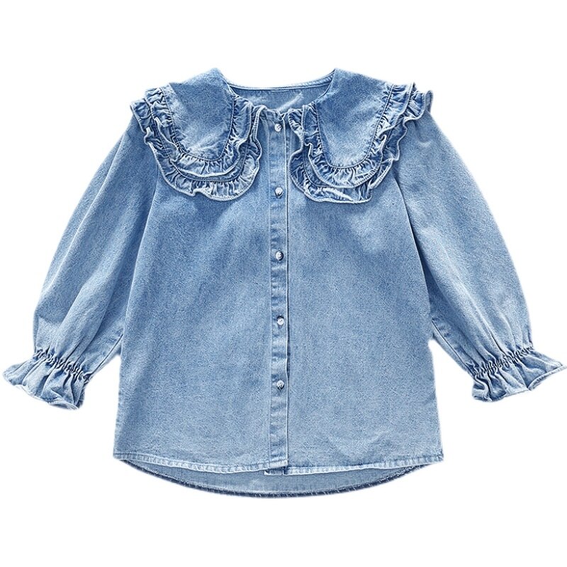 Top per ragazze adolescenti camicie di cotone Denim con collo arricciato per 6 8 10 12 anni camicetta per bambini blu primavera per bambini