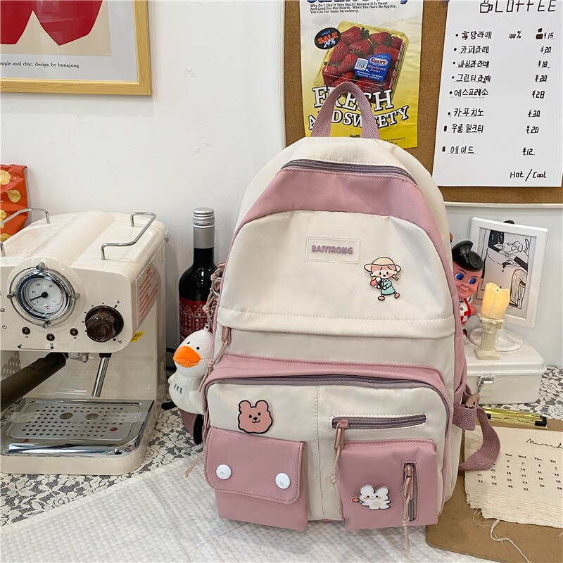 Kawaii Multi-pocket Women Backpack Female Waterproof Nylon Travel Bag College Girl Schoolbag Contrast Color Laptop Backpack: pink / without duck