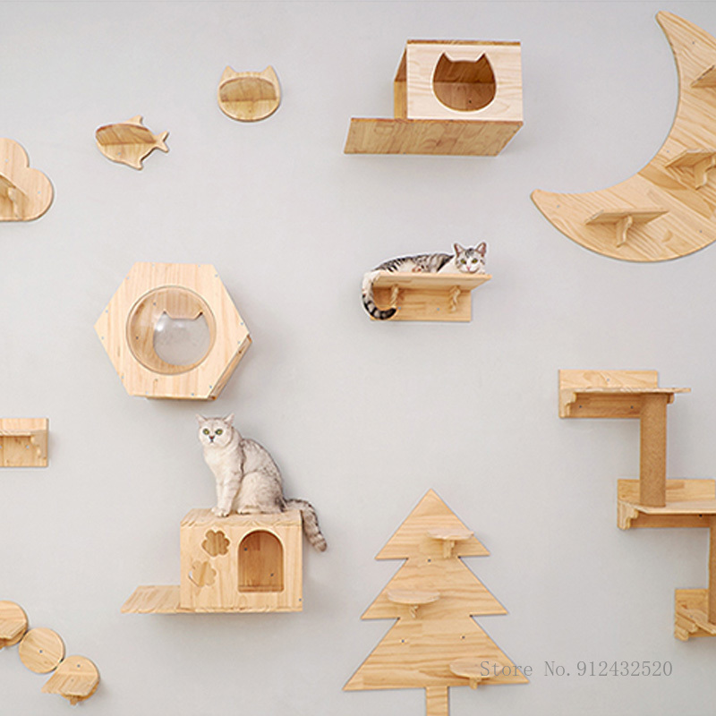 Wall Mounted Cat Climbing Frame Cat Tree Solid Wood Cat Jumping Platform Wall DIY Pet Furniture Kitten Springboard Various Size