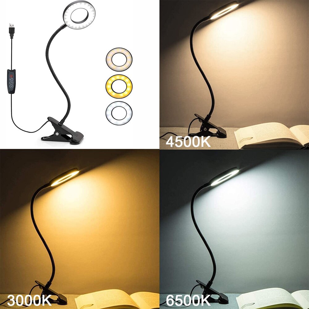 Lampada da scrivania a 48 LED con clip USB Lampada da libro da comodino 360 ° Lampada da scrivania mini clip-on a LED Luce notturna flessibile Luminosità regolabile a 3 livelli