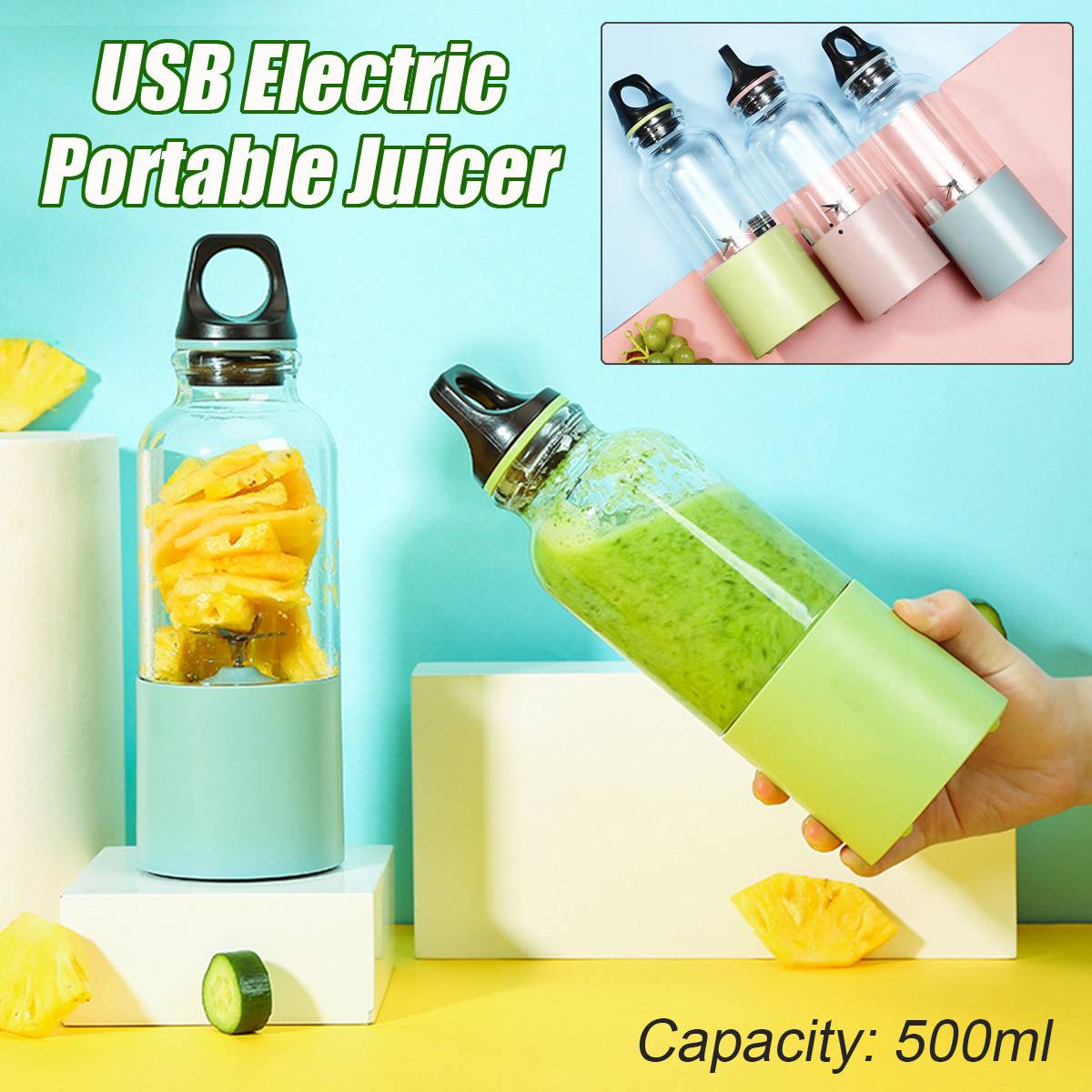 AUGIENB 500ml Electric Fruit Juicer Glass Mini Portable Handheld Smoothie Maker Blenders Mixer USB Rechargeable for Home Travel