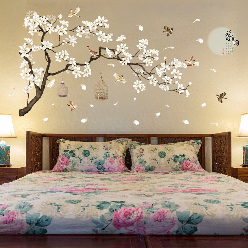 Pegatinas de pared de estilo chino para niños, papel tapiz de árbol con autosellado de flores y pájaros, vinilo decorativo para pared de dormitorio, 187X128cm: Default Title