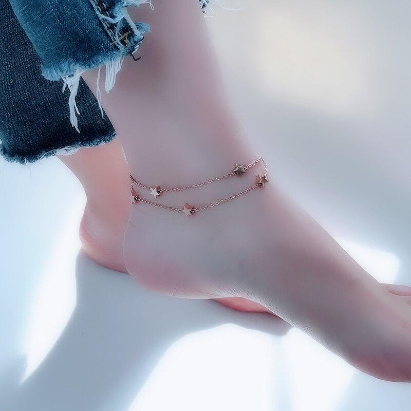 YUN RUO Rose Gold Color Seven Stars Anklet Chic Style Woman 316 L Titanium Steel Jewelry Top Never Fade