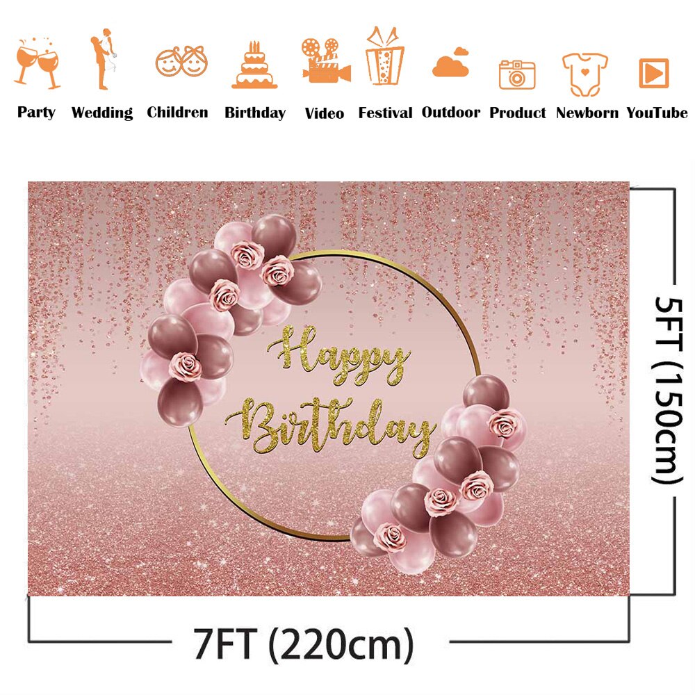Glitter Gelukkige Verjaardag Achtergrond Roze Shiny Rose Verjaardag Achtergrond Voor Meisjes Ballonnen Goud Ring Vrouwen Verjaardag Achtergronden