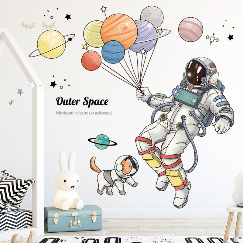 Cartoon Outer Space Astronaut Muursticker Voor Kinderen Kamers Nursery Verwisselbare Muur Decor Vinyl Ballon Sticker Decals Home Decor