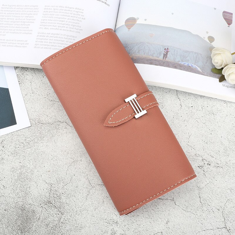 Women's H Letter Leather Wallet lady clutch purse Solid Color Drawstring Long 3 Fold Wallet Spring Model: DARK PINK