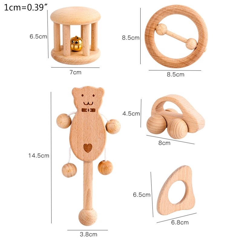 5pz Del bambino Sonagli di Legno Del bambino Precoce Educativo Giocattolo di Musica Neonati Massaggiagengive Campana di Mano Regalo