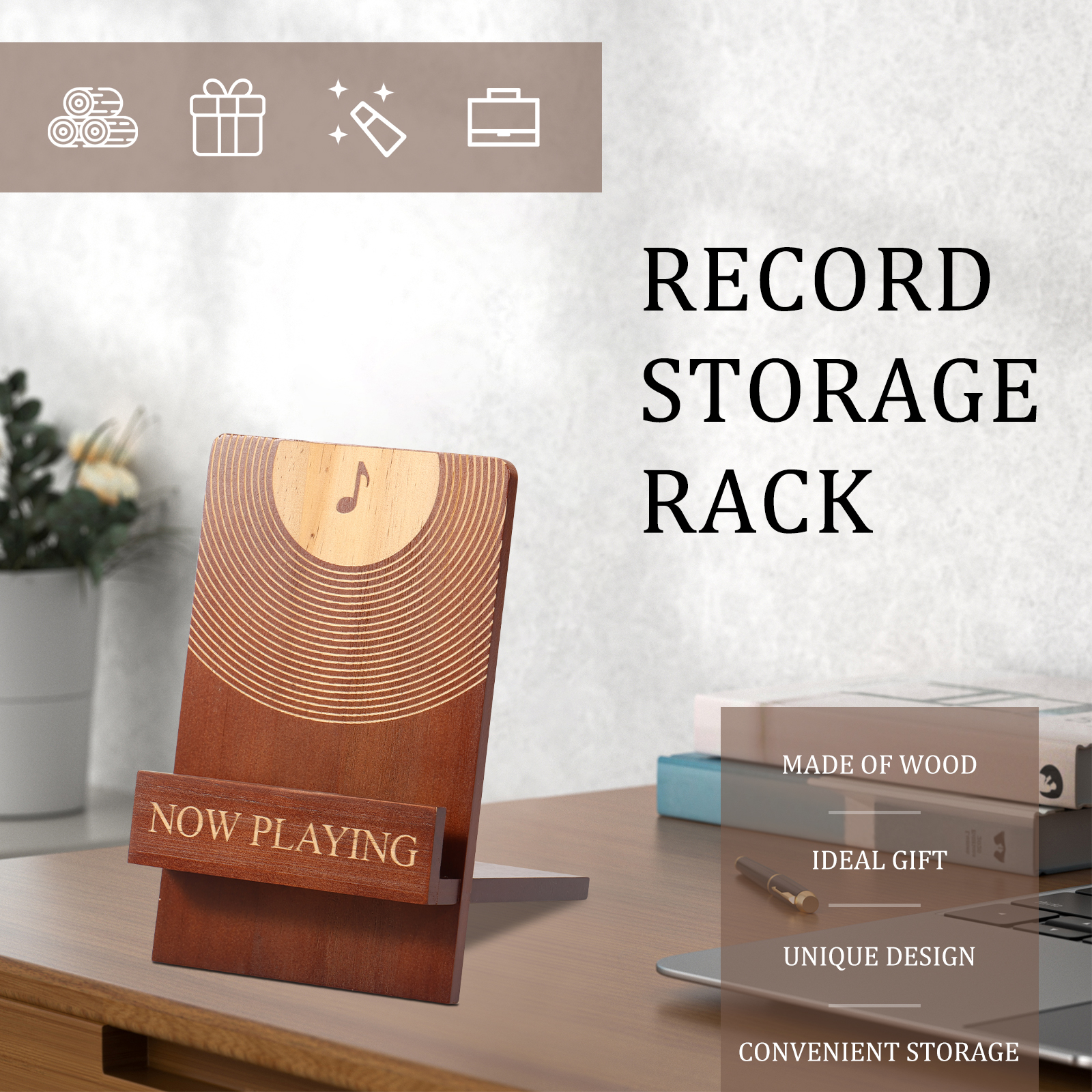 Vinylpladeholder i træ, vintage pladeholder, pladeholderdisplay til lp-entusiaster