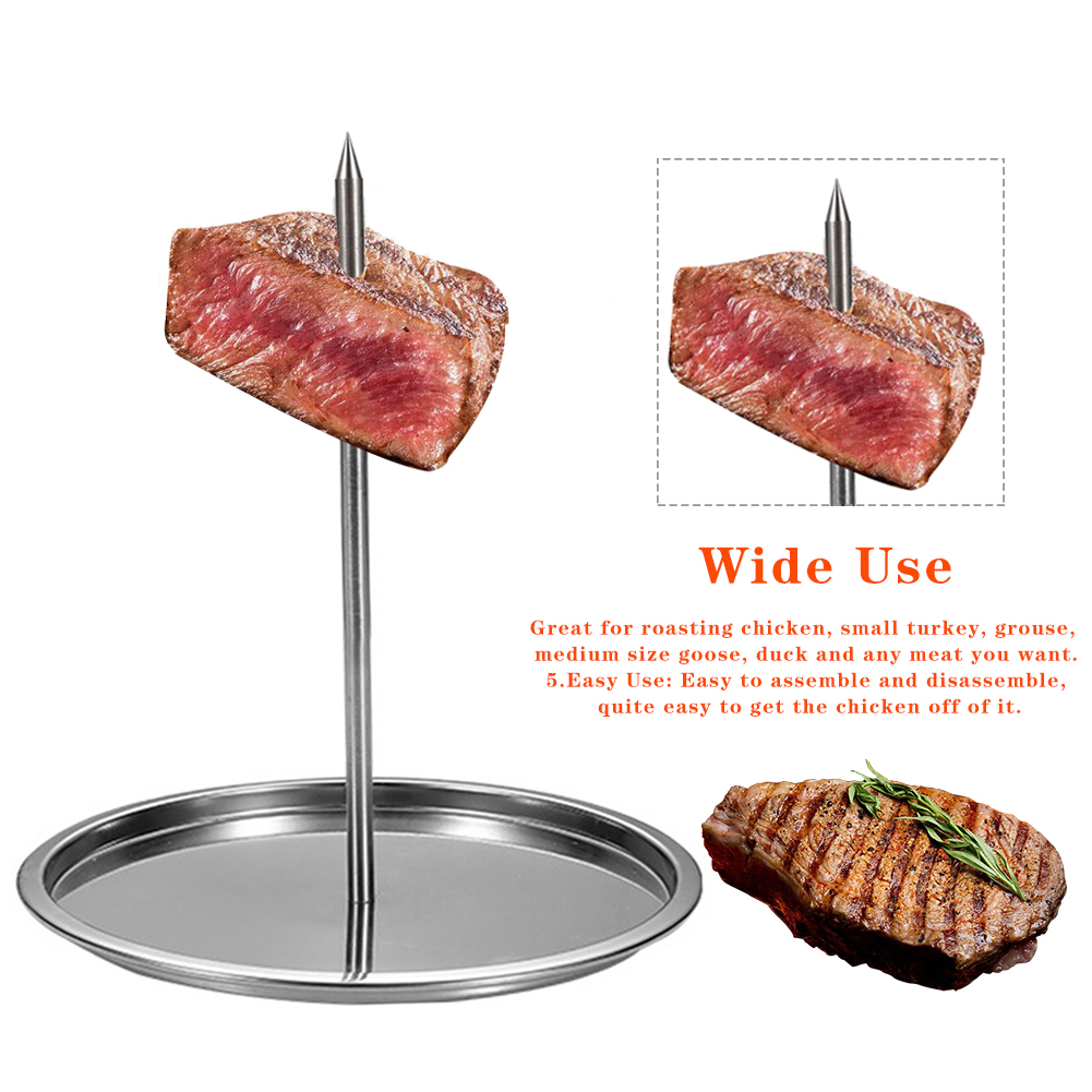 Stainless Steel Chicken BBQ Rack Removable Handle Grilling Ergonomic Vertical Skewer Roaster Standing Up With Base Meat Spit