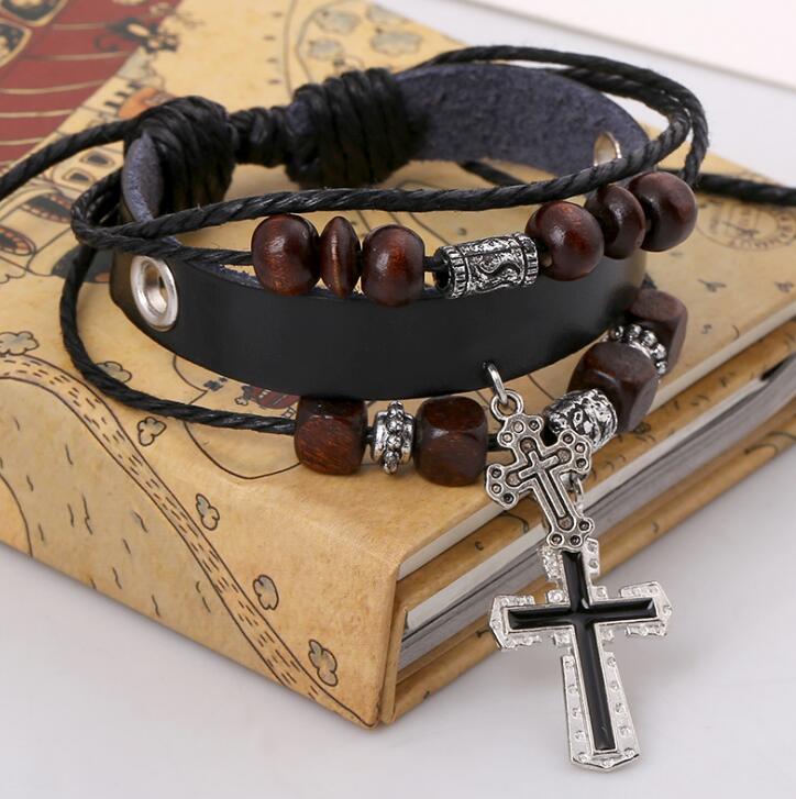 NADEEM Cross Charm Brown Leather Bracelet Men Male Vintage Punk Cross Charm Cuff Bracelet Bangle Jewelry Pulse: B01353black