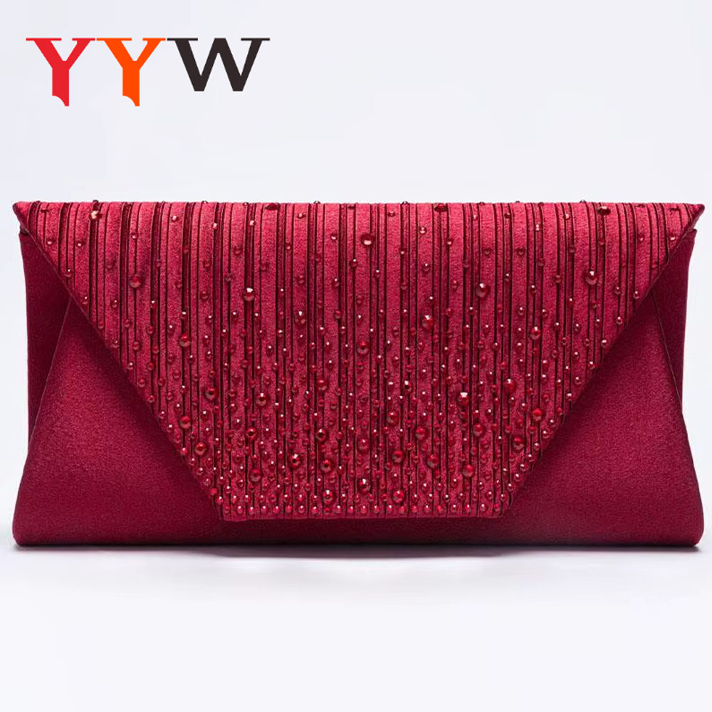 Bolso de mano de color rojo vino, bolso tipo sobre con cuentas de diamantes de imitación coloridos, bolso de hombro para banquete de boda y noche, bolso de satén plisado