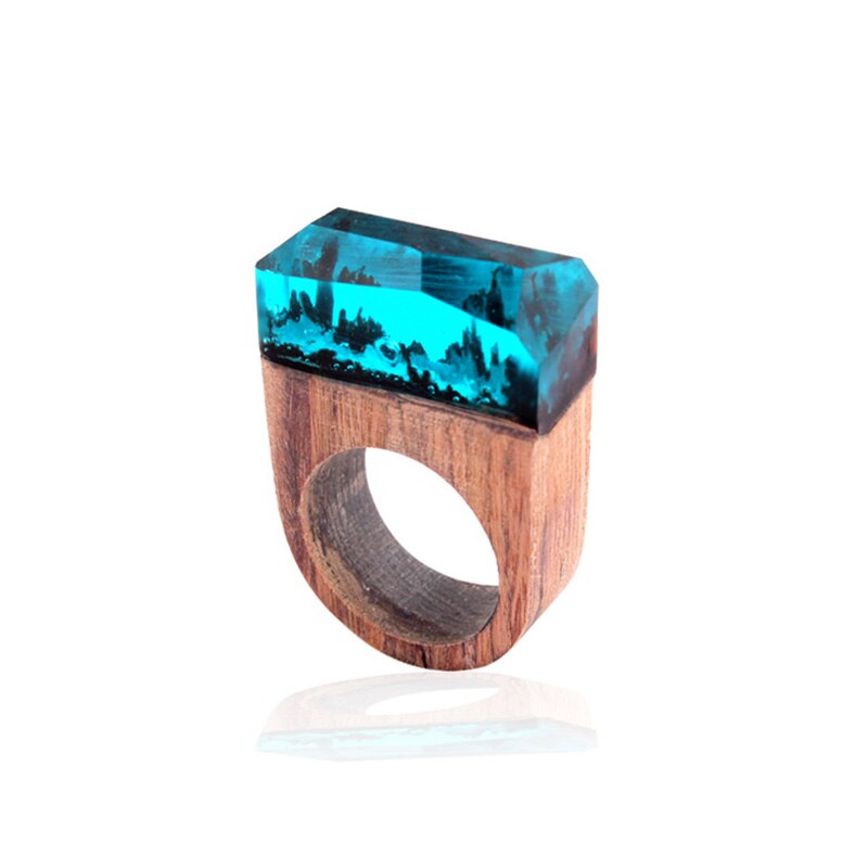 Mode Sky Blue Resin Houten Bos Ringen Creatieve Handgemaakte Ringen Voor Vrouwen Mode-sieraden