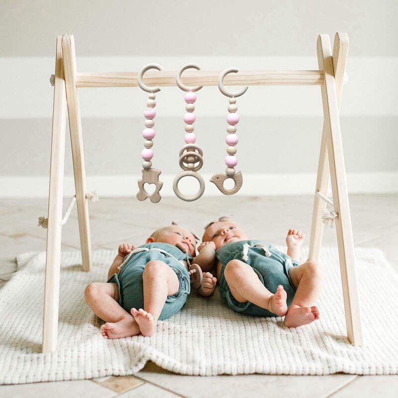 3Pcs Houten Ring Baby Bijtring Activiteit Play Gym Kralen Animal Hanger Rammelaars Baby Speelgoed Bescherming Zintuiglijke Speelgoed