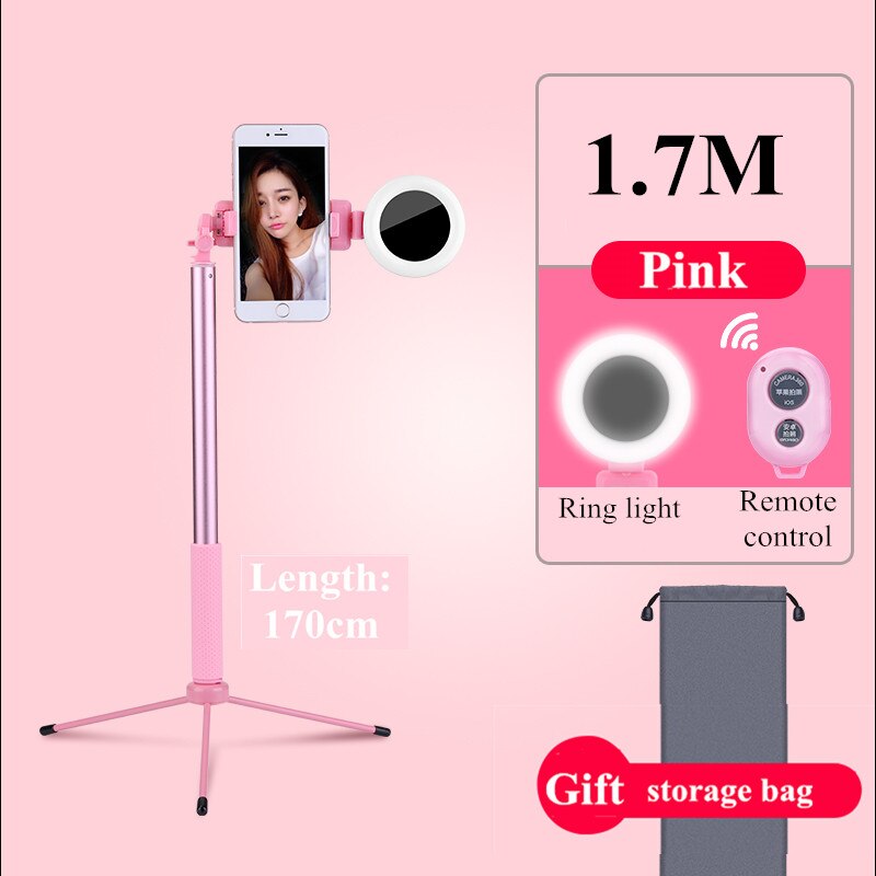 Tripé com iluminação led extensível 4 em 1, vareta para selfie, com suporte para celular, monopé, para iphone, 1.7m x 8 smartphone android,: 1.7 Pink control
