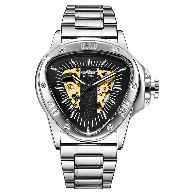 Jaragar-reloj mecánico automático para hombre, cronógrafo con correa de cuero, esfera triangular única, deportivo, Masculino: silver