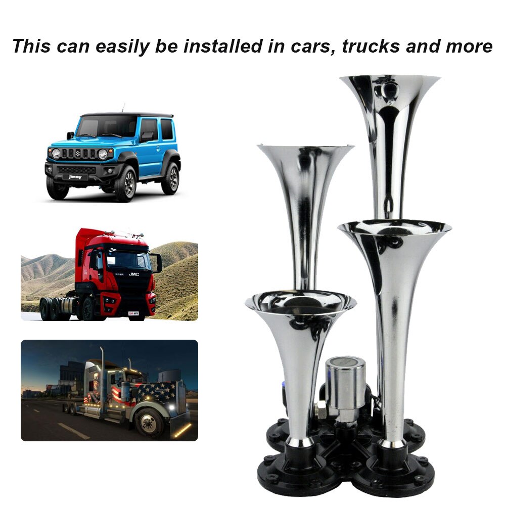 Quad 4 Air Horn Four Trumpet 120dB Loud 12-24 Volt Car Truck Metal Durable