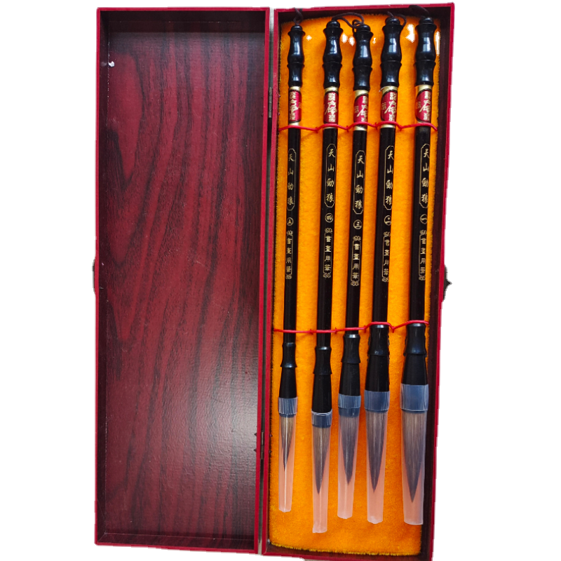 Ensemble de stylos pinceaux de calligraphie chinoise, 5 pièces, brosses à encre, poils de belette traditionnels, fournitures de peinture, boîte de ,