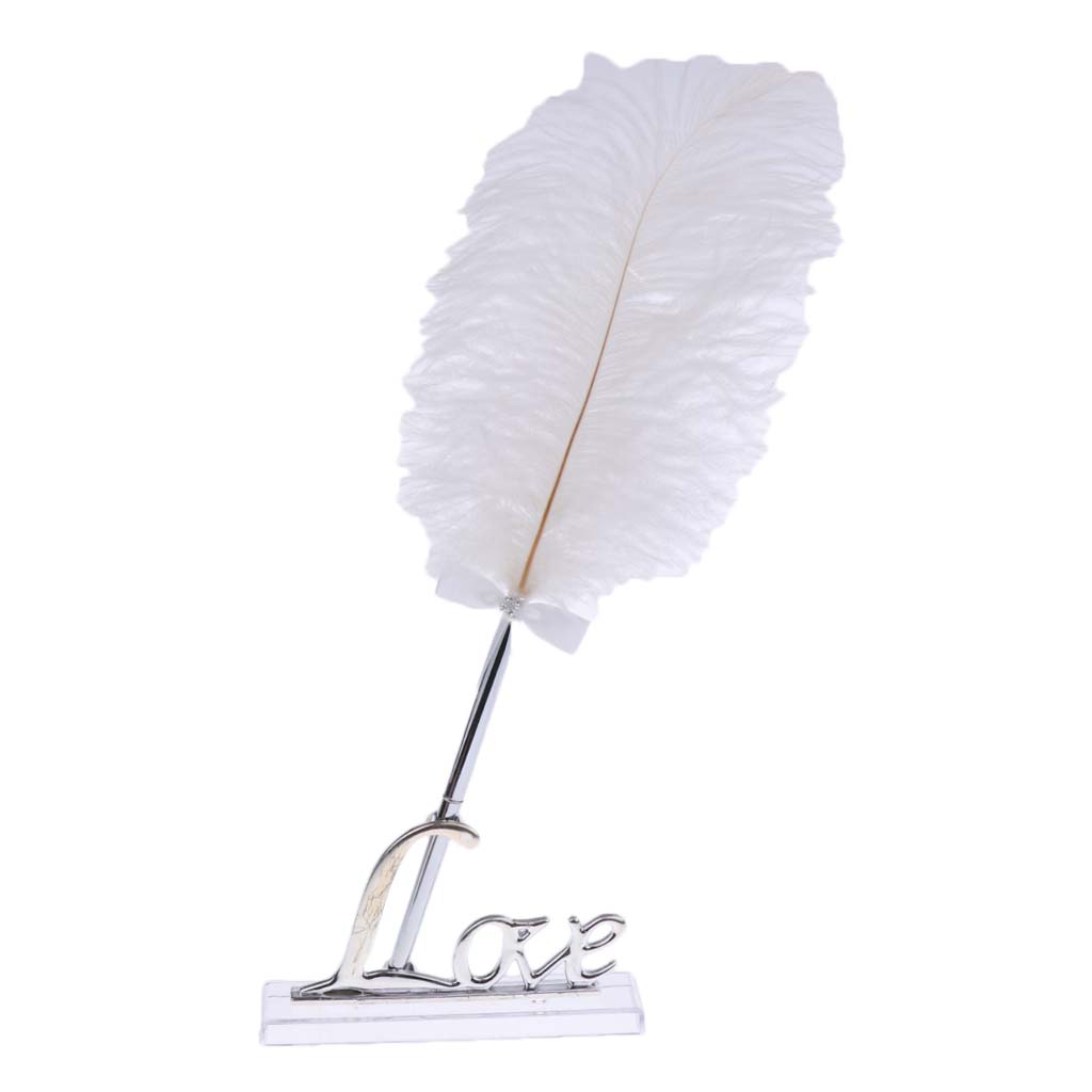 Pluma de firma de libro de invitados pluma blanca de boda con soporte de amor dorado