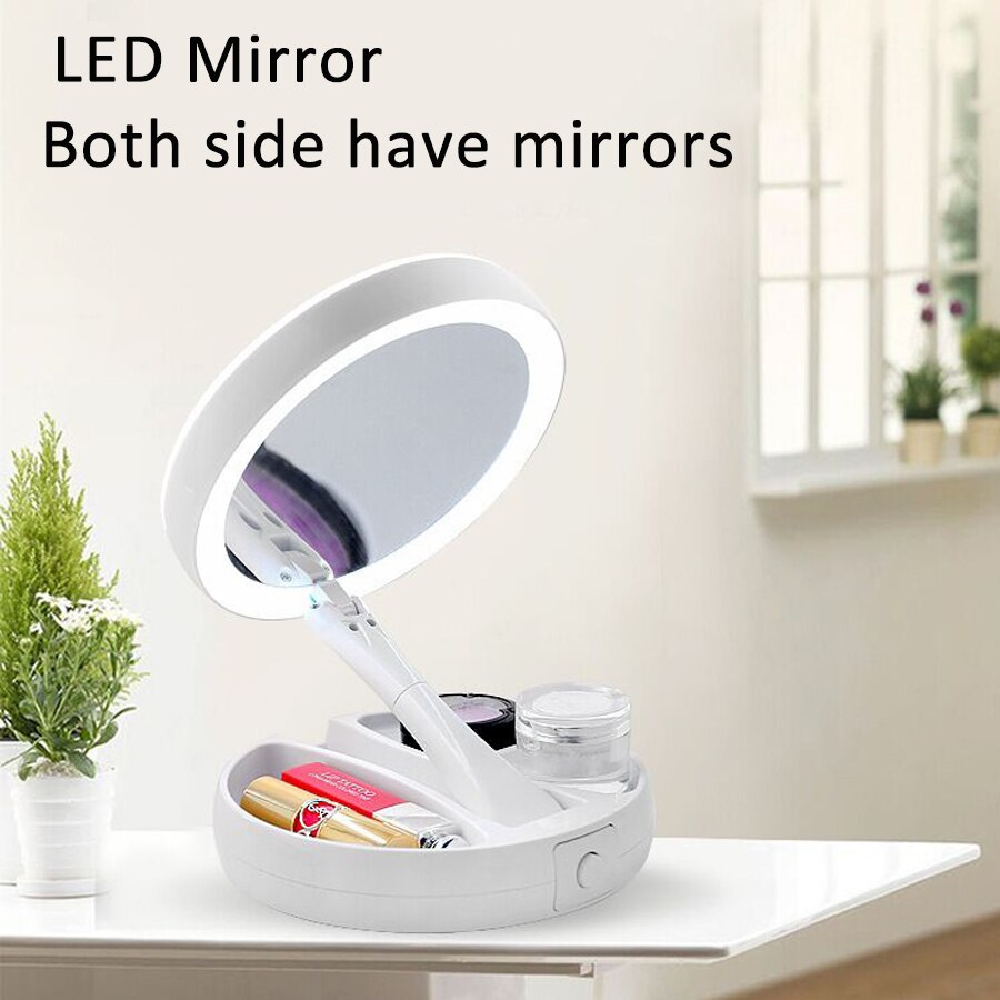 Bærbart makeup spejl med ledet lys rund form desktop naturligt forstørrelses spejl dobbeltsidet baggrundsbelyste spejle