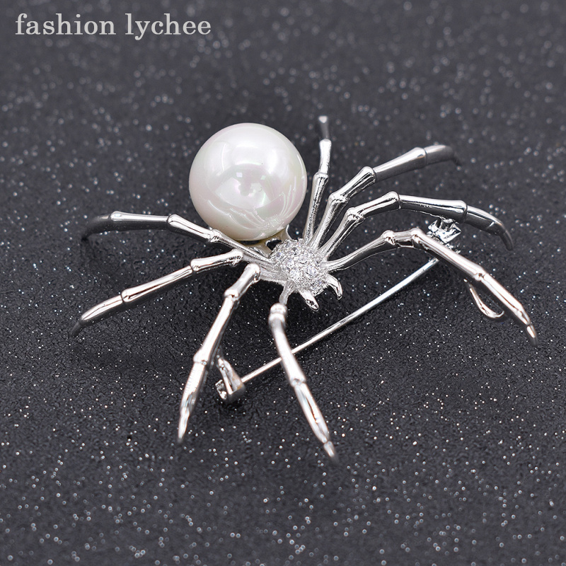 lychee Exaggerated Antique Silver Color Brooches Pins Artificial Pearls Body Pave Head Spider Women Pins