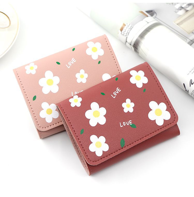 Japanese Mini Wallet Female Small Ultra-thin Cute Floral Tri-fold Leather Coin Purse Simple Short Student Mini Card Holder