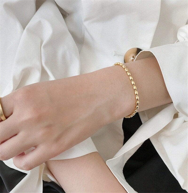 Huanzhi 2020 novo design simples metal redondo frisado dupla camada cobra corrente pulseira pulseiras para mulheres menina festa de verão jóias: E