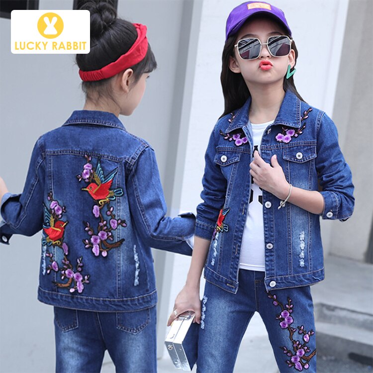 Boutique Teen Girls Coat Kids Spring Autumn Floral Embroidery Purple Flowers Jacket Girls Denim Single Jacket: 140