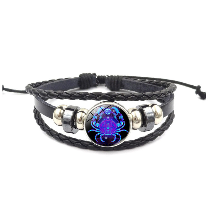 Horóscopo astrología 12 Zodiaco tejido luminoso cuero de vaca cielo estrellado pulsera hombres mujeres Acero inoxidable pulsera joyería: cancer