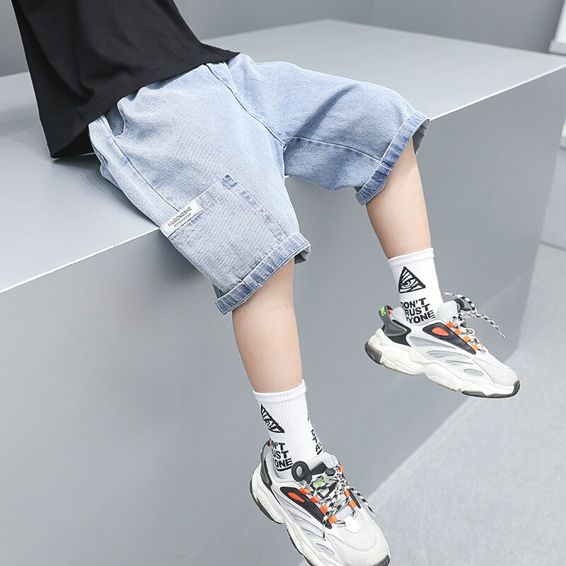 Neue 2022 Kinder Sommer Denim Shorts Mit Tasche Baby Jungen Baumwolle Kurze Jeans Kinder Casual Kalb Hosen Alter 4 5 7 9 11 13 14 jahre