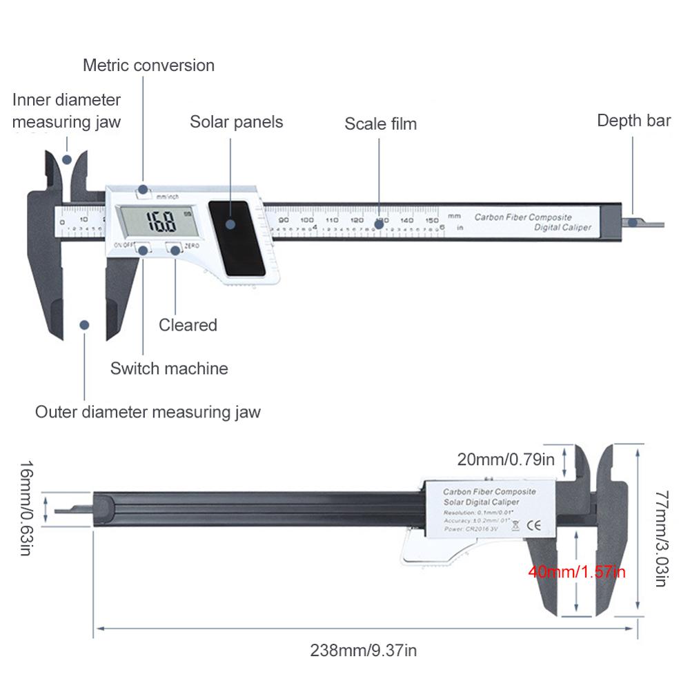 Solar/Battery Electronic Digital Display Caliper 150mm Fraction High Precision Vernier Caliper measuring Digital Ruler Tool