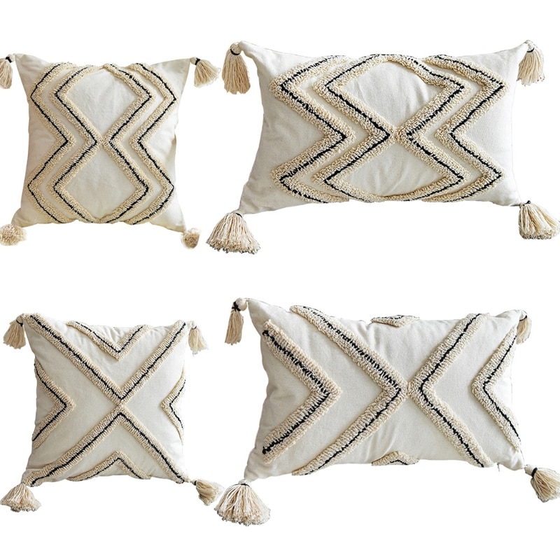 Scandinavische Stijl Boho Sierkussen Case Geweven Getuft Geometrische Gestreepte Katoenen Kussenhoes Shell Met Kwastje Voor Couch Sofa