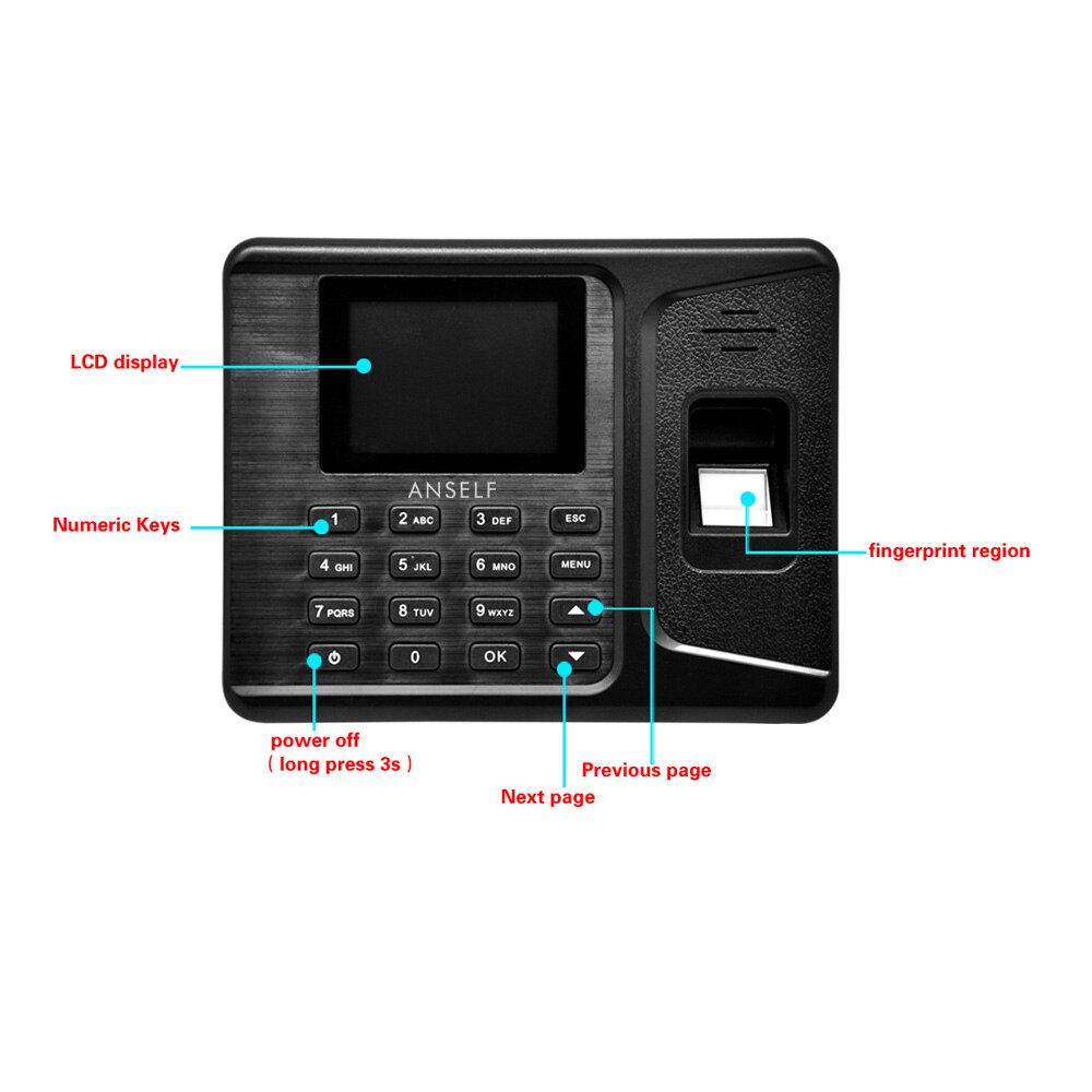 2.8" TFT LCD Display Biometric Fingerprint Attendance Machine DC 5V/1A Time Clock Recorder Employee Checking-in Reader A-E260