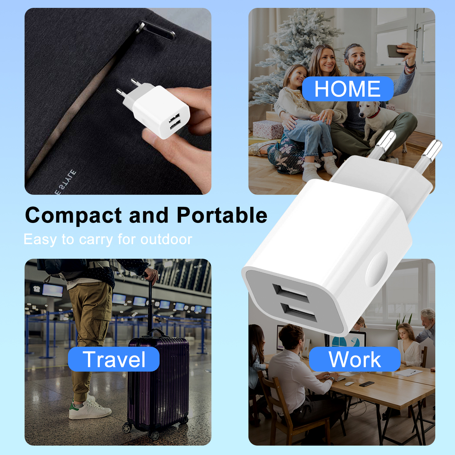 2-pack universele USB-lader 5V 2A/10W met 2 poorten - USB-stekker compatibel met alle soorten apparaten en smartphones - wit