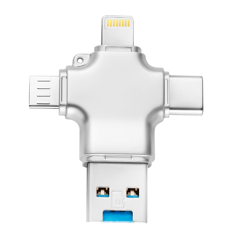 Bru 4In1 Usb Otg Pen Drive Usb Flash Drive 3.0 For Iphone Ipad Android Type-c Smart Phone Tablet PC 16gb 32gb 64gb 128gb 256gb: 256GB / Metal Silver