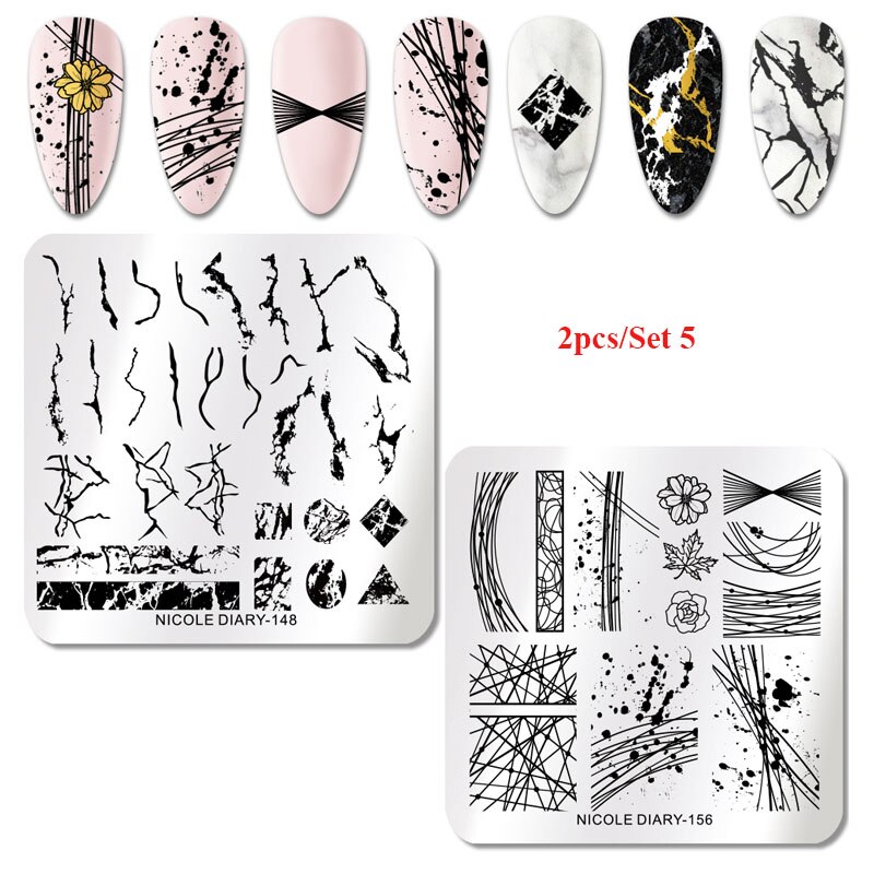 2Pcs Nicole Dagboek Nail Stempelen Platen Lente Bloem Rechthoek Rvs Nail Image Stencils Stempelen Template Tool: 2pcs set 5