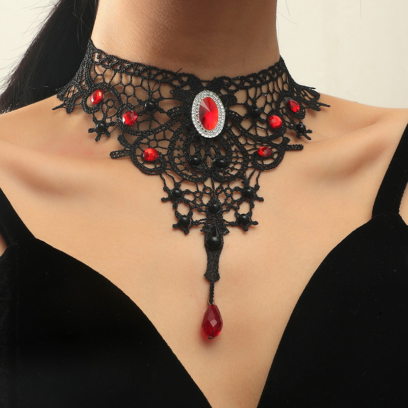 Gothic Victorian Black Lace Necklace Women Girl Boho Crystal Tassel Sexy Choker Steampunk Dark Loli Style Halloween Jewelry: Pure Gold Color