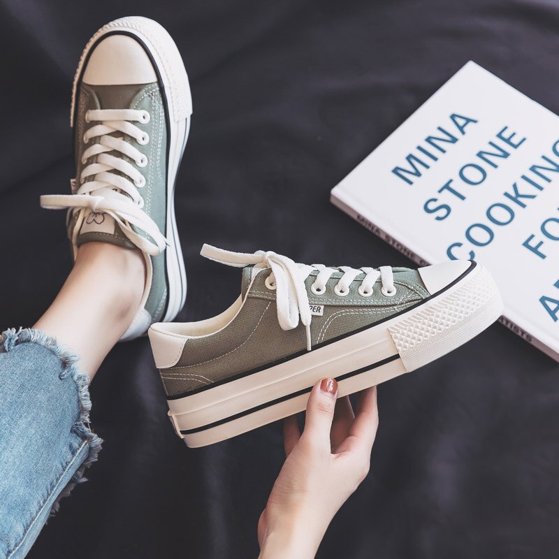 Woman Platform Shoes Women Shoes Casual Solid Canvas Sneakers Classic Women Casual Shoes Sneakers White: Gray Green / 7.5