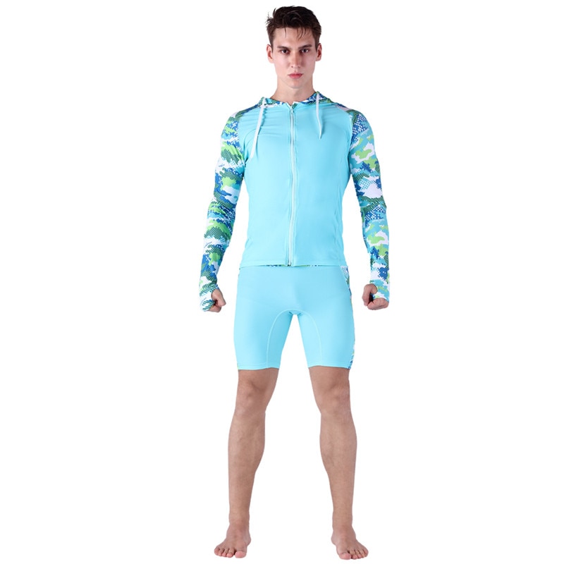 Sabolay compression herre rash guard badedragt hættetrøje med lynlås uv-beskyttelse lange ærmer surfskjorter badetøj shorts: Et sæt / Xxl