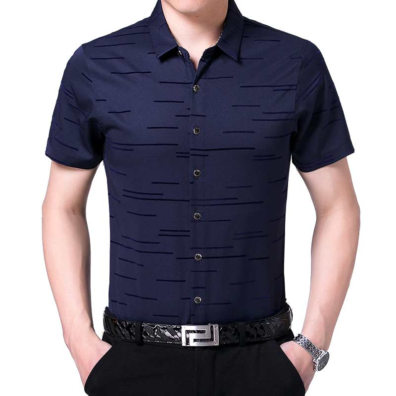 Summer Short Sleeve Men Shirt Striped Dress Casual Slim Fit Social Clothes Luxury Shirts Mens 6006: Navy / XL