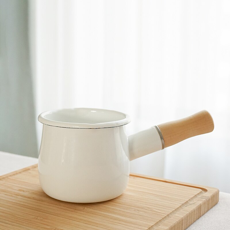 Japanse Stijl Emaille Melk Pan Met Houten Handvat Koffie Verwarming Pan Keuken Dubbele Nozzle Huishoudelijke Babyvoeding Koken Pot ZA382