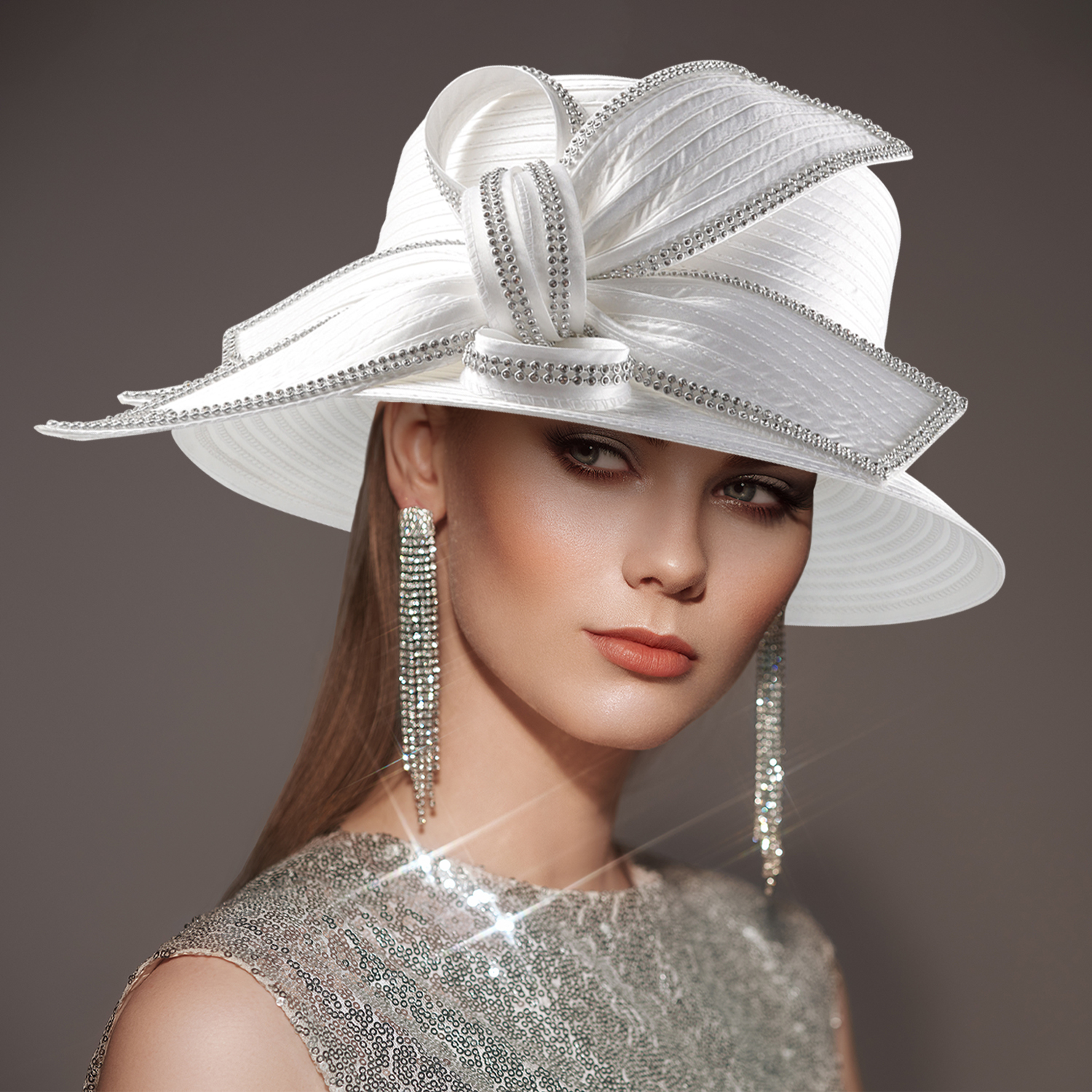 Sombrero de iglesia blanco de lujo para , banquete, tela satinada, sombreros de fotografía, cadenas Premium, sombrero Formal, gorra superior de flores para mujeres y señoras: Gris oscuro