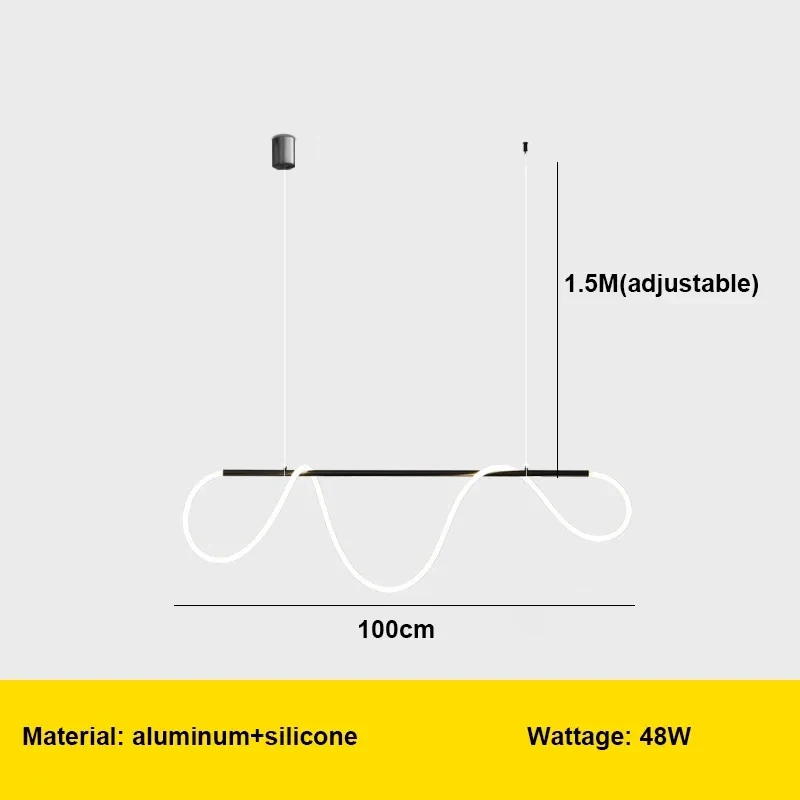 Moderne ledet-taklysekrone med lang slange til bord, spisestue, kjøkken, hengende 100cm- pyntet lampe til hjemmedekorasjon: Kald hvit / Svart