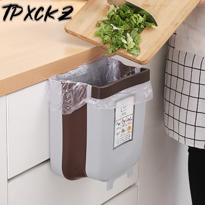 Kitchen Hanging Trash Can Wall Mounted Folding Waste Bin Bathroom Cabinet Door Hanging Bin Portable Car Trash Can