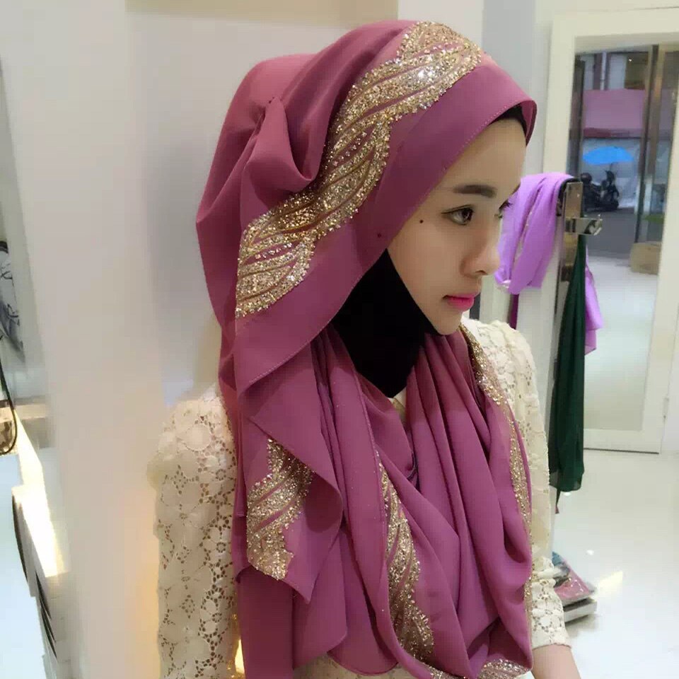 Fblus clurs dubai rejse skinnende tørklæde moske tørklæde dame chiffion farveblok hijab tørklæde sjal: Multi